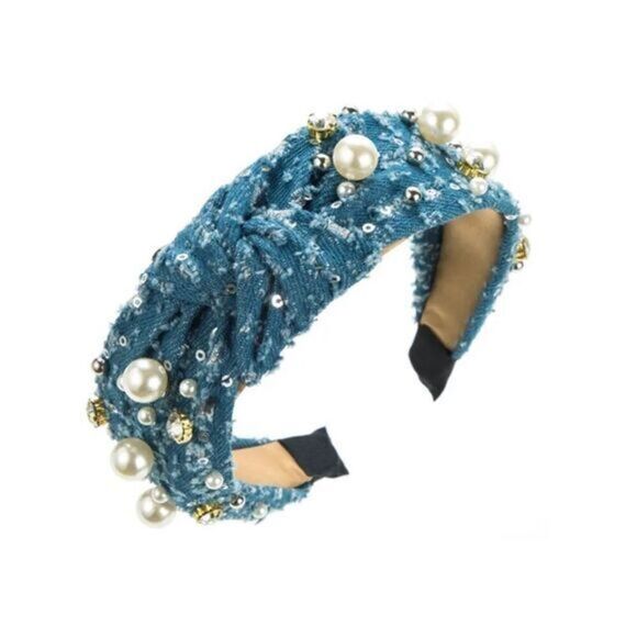 Denim faux Pearl rhinestone headband - Picture 1 of 1